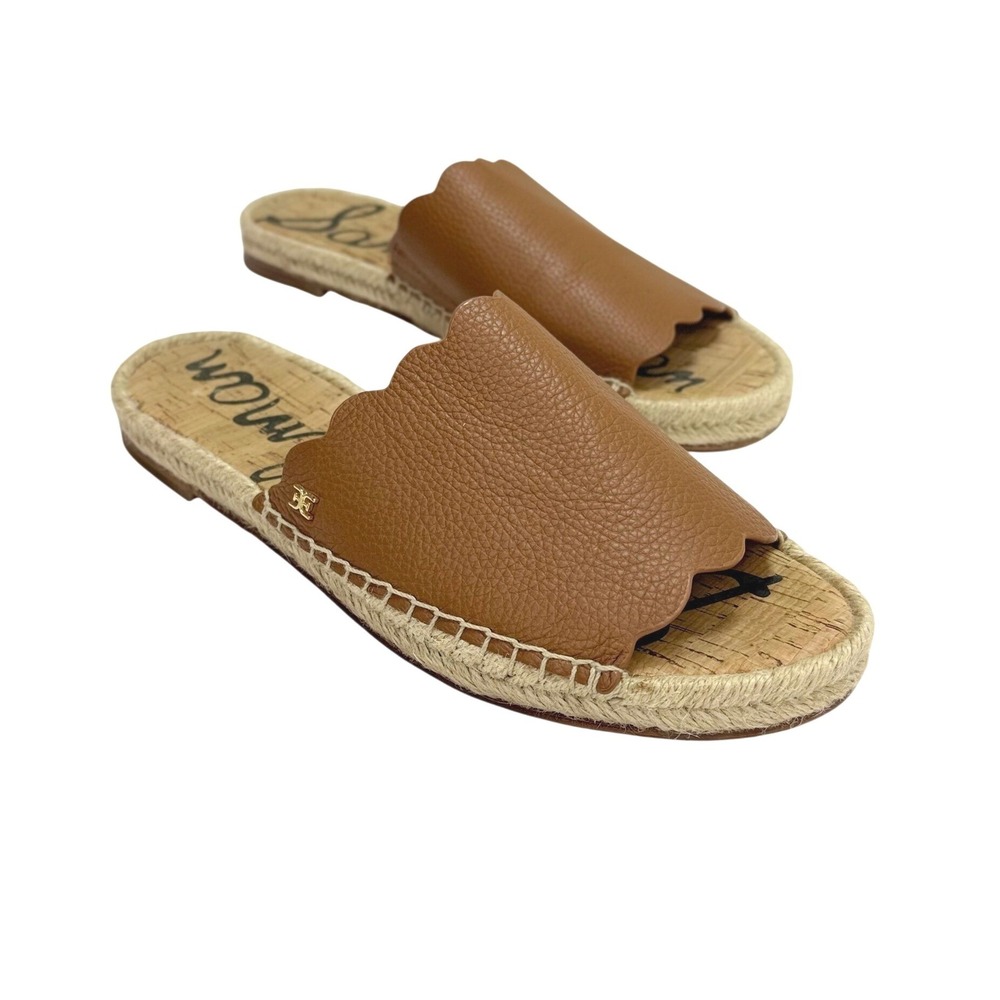 Sam Edelman Andy Brown Leather Espadrille Slide Sandals 8M Scalloped Flat Shoes